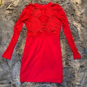 Red midi, long sleeve dress, mesh flower top